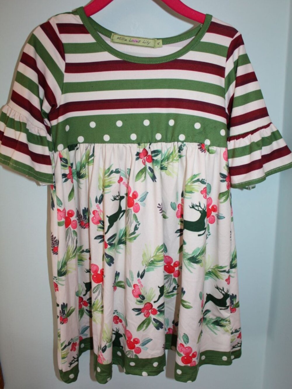 MILLIE LOVES LILY Boutique Winterberries Deer Ruffle Christmas Dress Size 4 EUC